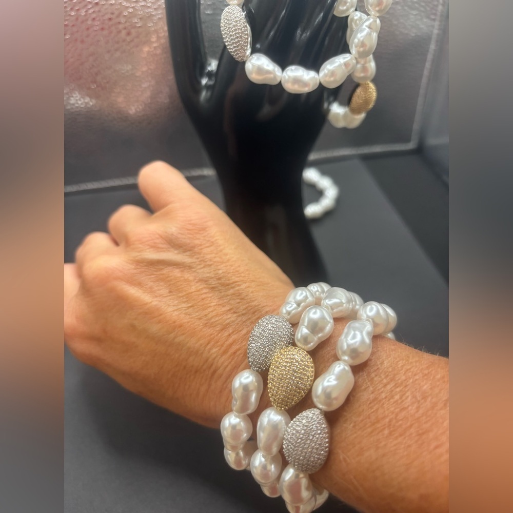 Elegant Pearl Bracelet with Silver & Gold CZ Stretched Bracelet $35 for three